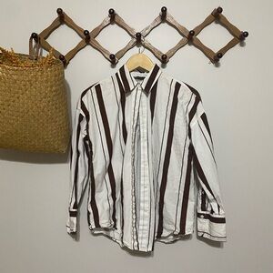 Zara Women's White and Brown Striped Button-Down Shirt